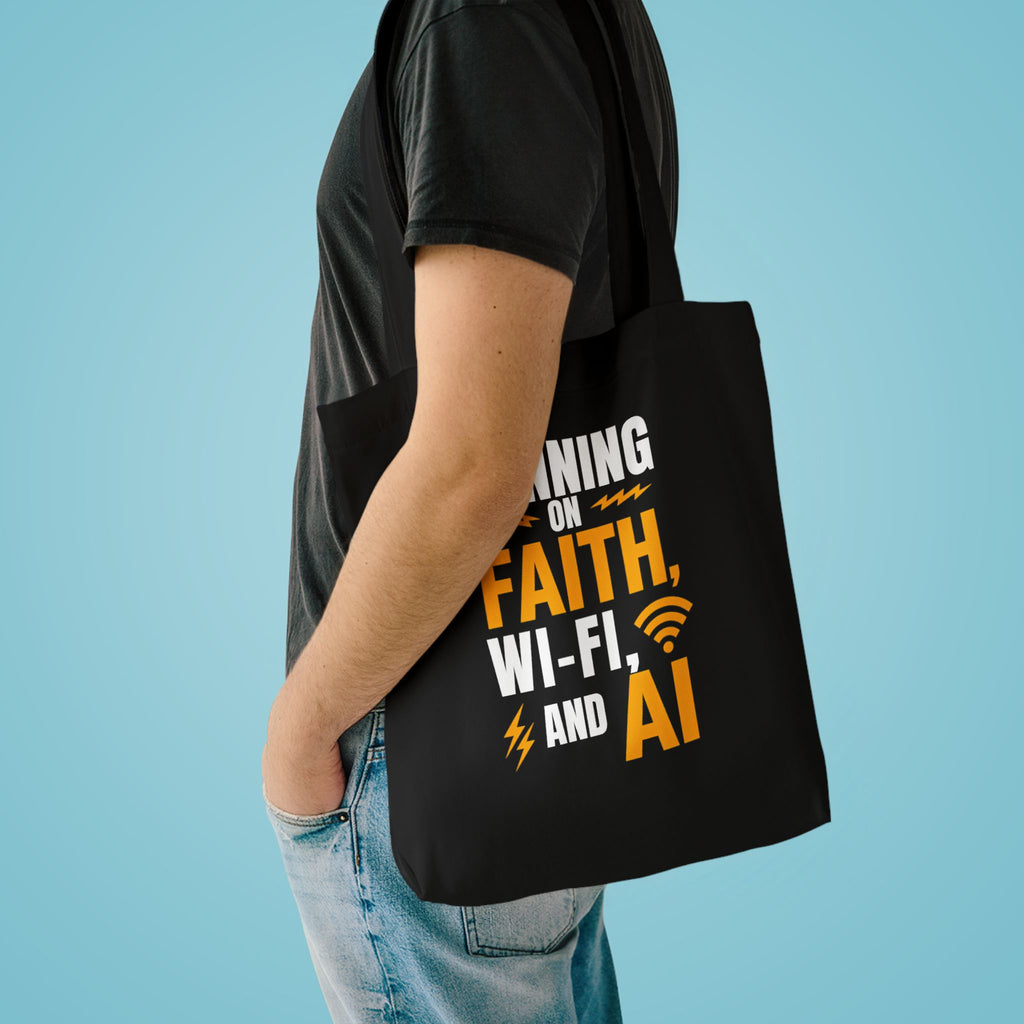Running On Faith, Wi-Fi, And AI Tote Bag